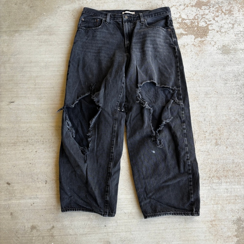Levis Premium Baggy Dad Ripped Jeans Black Distressed Wide Leg Size 31